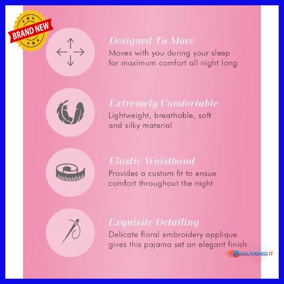 Soft Nylon Pajama Set with Floral Embroidery, Short Sleeve, Elastic Waist - Picture 5 of 6